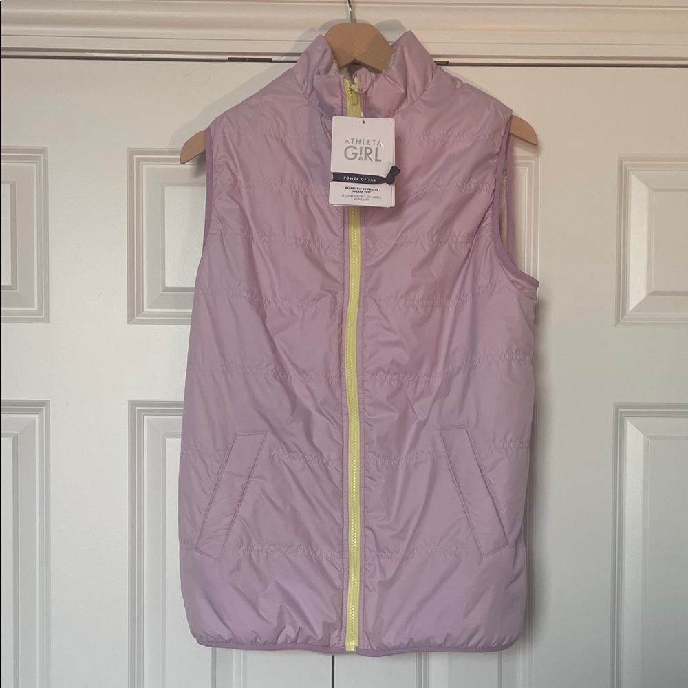 Athleta Kids Reversible Sherpa Vest in Lavender and Yellow Detail